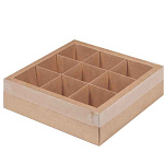 Коробка под ассорти десертов с пластиковой крышкой 240*240*70 мм (9 ячеек) (крафт)