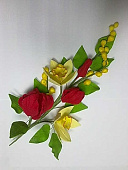 Букет сахарный красный тюльпан с нарциссами и мимозой, длина ветки 25 см