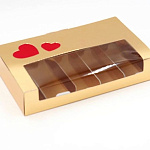 Коробка для эклеров и эскимо ЗОЛОТАЯ с окном и ложементом и СЕРДЕЧКАМИ, 250*150*50 080803